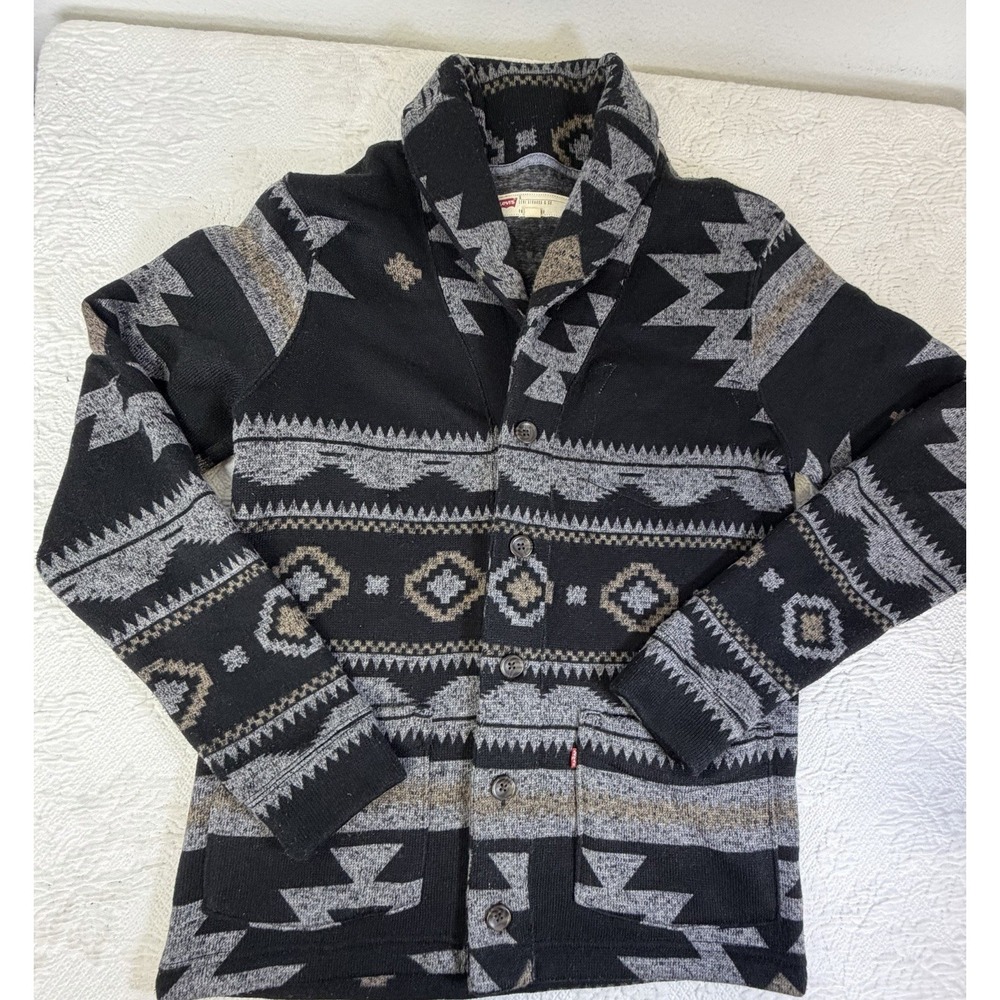 Levis Sweater Mens Black Gray Aztec Shawl Collar Cardigan Knit Button Front S